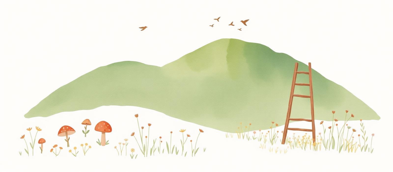 Watercolour illustration of soft rolling hills, mushrooms, wildflowers, and small birds